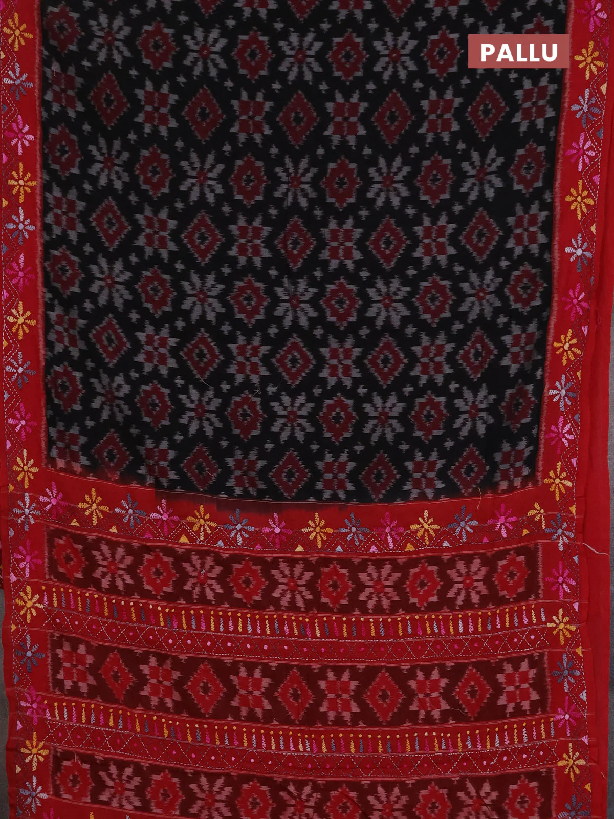 Ikat cotton saree black and maroon with allover ikat weaves and kantha stitch work pallu - Image 3