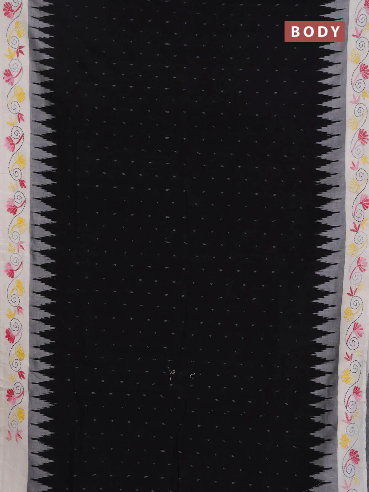 Ikat cotton saree black and off white with allover ikat woven buttas and kantha stitch work pallu - Image 2