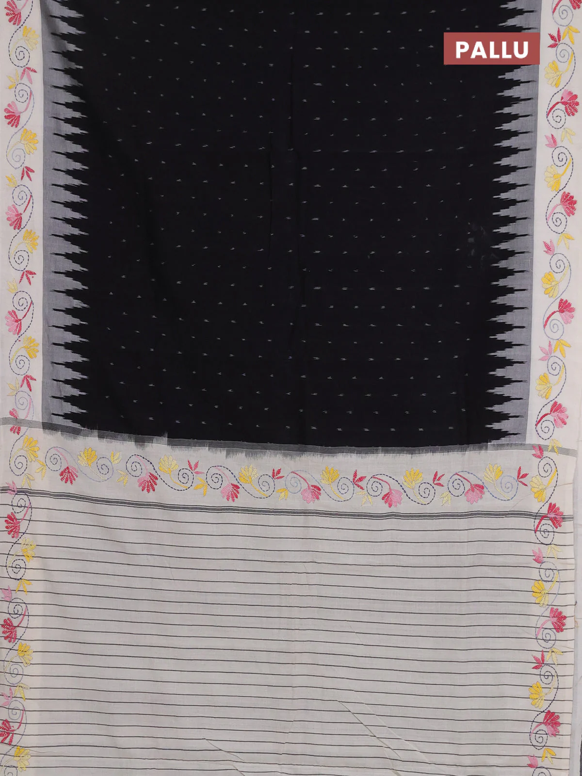 Ikat cotton saree black and off white with allover ikat woven buttas and kantha stitch work pallu - Image 3