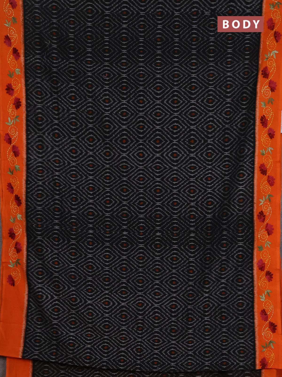 Ikat cotton saree black and orange with allover ikat weaves and kantha stitch work pallu - Image 2