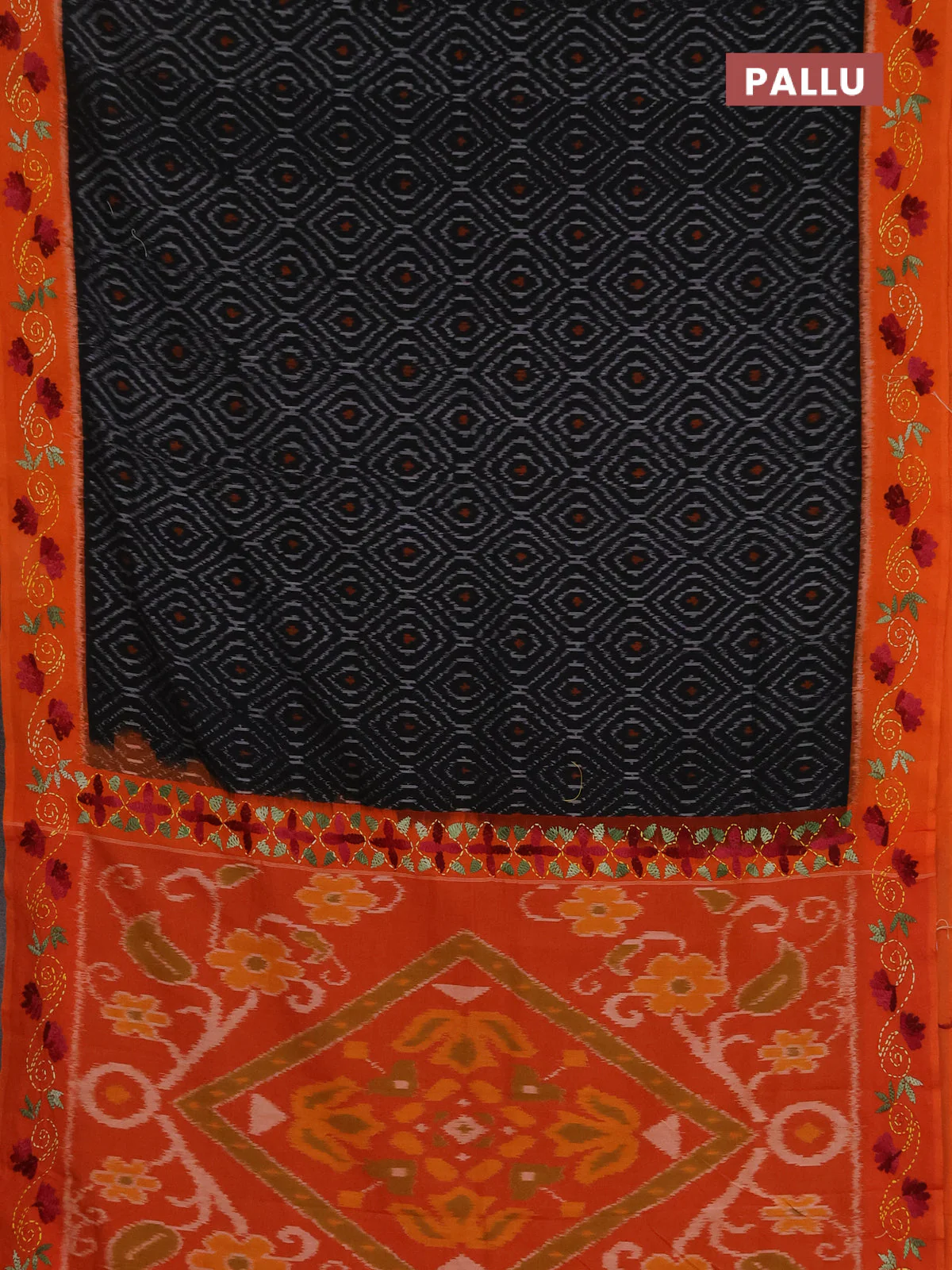 Ikat cotton saree black and orange with allover ikat weaves and kantha stitch work pallu - Image 3