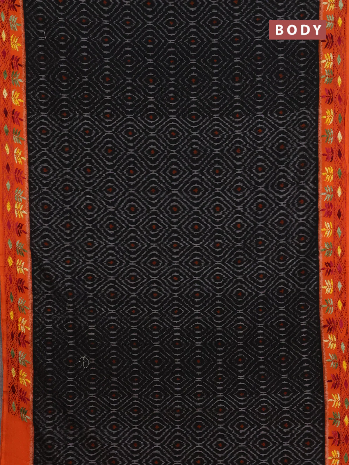 Ikat cotton saree black and orange with allover ikat weaves and kantha stitch work pallu - Image 2