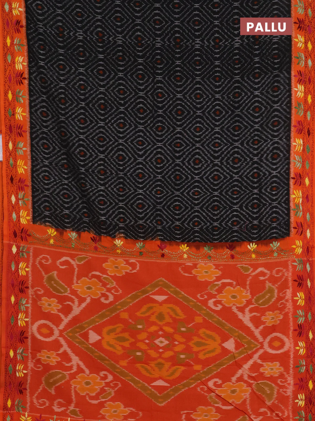 Ikat cotton saree black and orange with allover ikat weaves and kantha stitch work pallu - Image 3