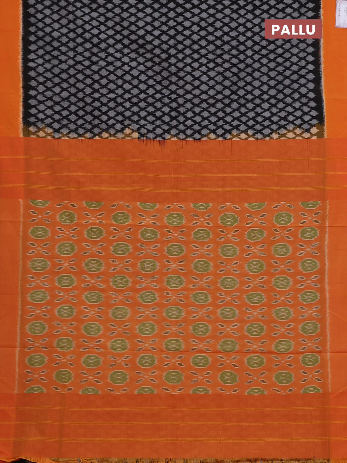 Ikat cotton saree black and orange with allover ikat weaves and simple border - Image 3