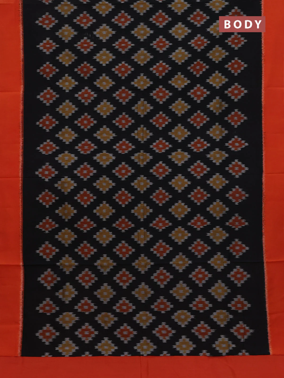 Ikat cotton saree black and orange with allover ikat weaves and simple border - Image 2