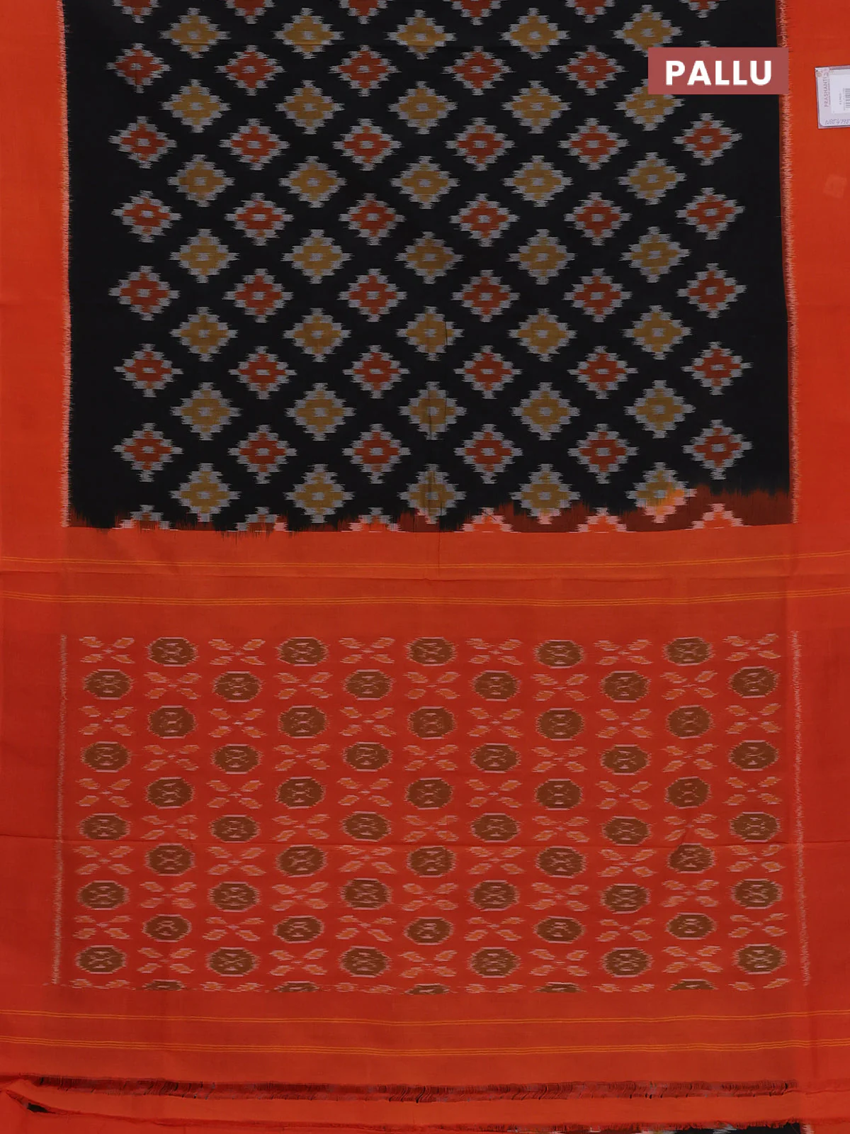Ikat cotton saree black and orange with allover ikat weaves and simple border - Image 3