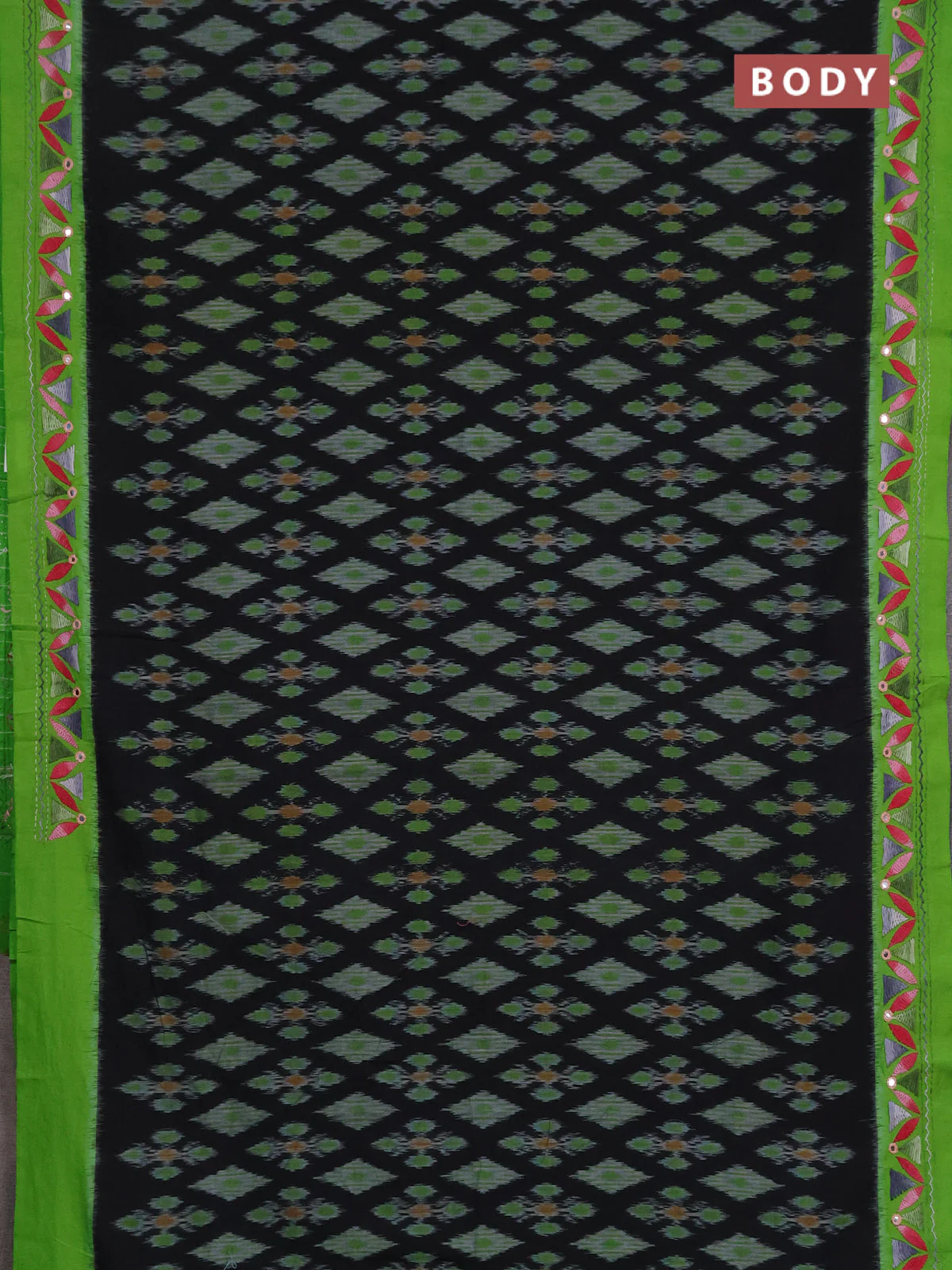 Ikat cotton saree black and parrot green with allover ikat weaves and kantha stitch work pallu - Image 2