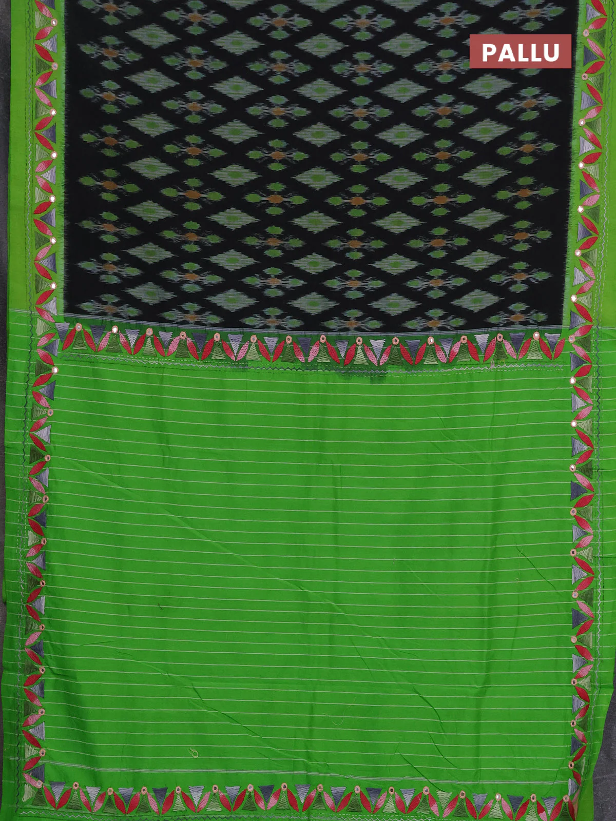 Ikat cotton saree black and parrot green with allover ikat weaves and kantha stitch work pallu - Image 3