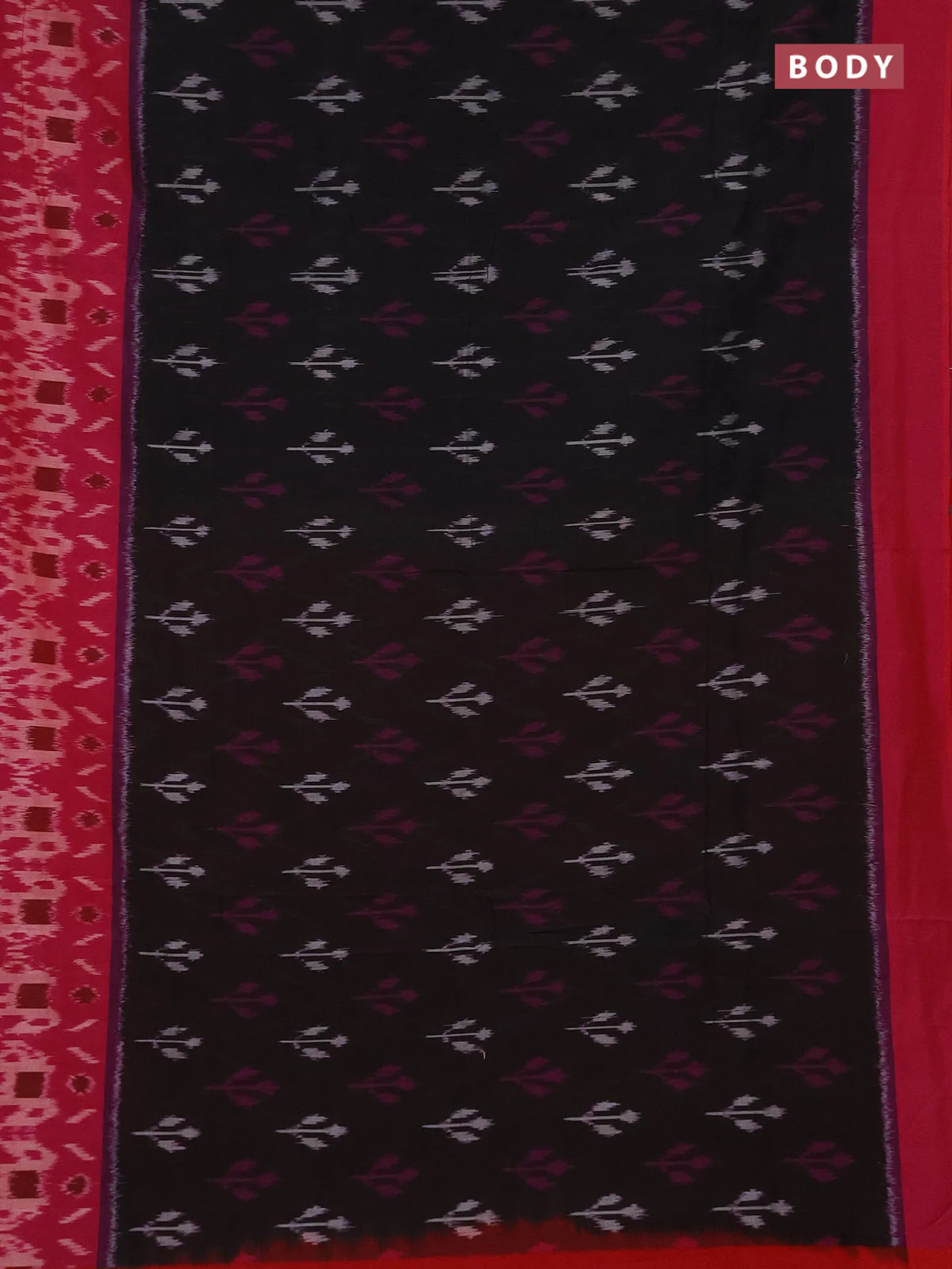 Ikat cotton saree black and red with allover ikat butta weaves and ikat style border - Image 2