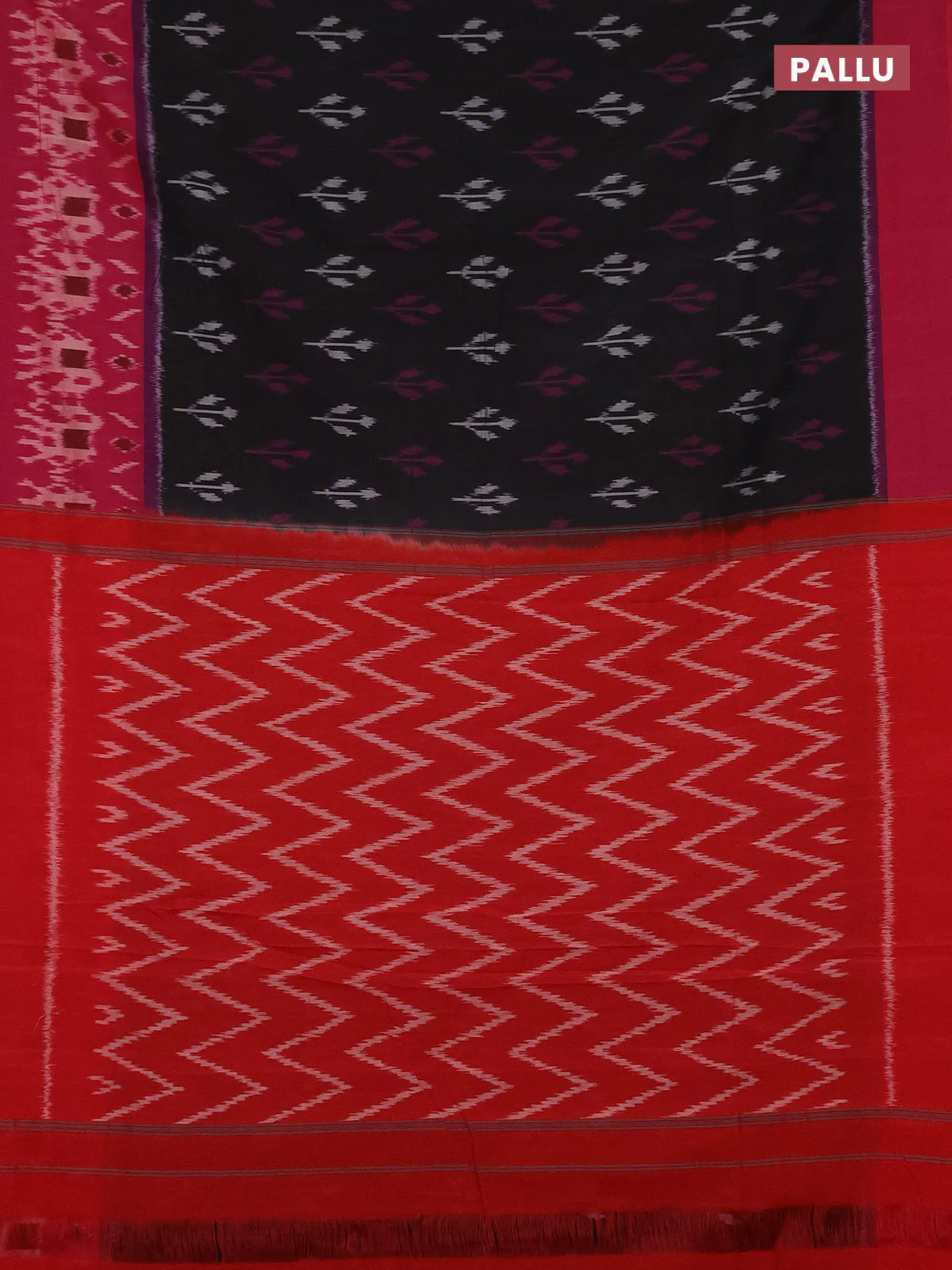 Ikat cotton saree black and red with allover ikat butta weaves and ikat style border - Image 3
