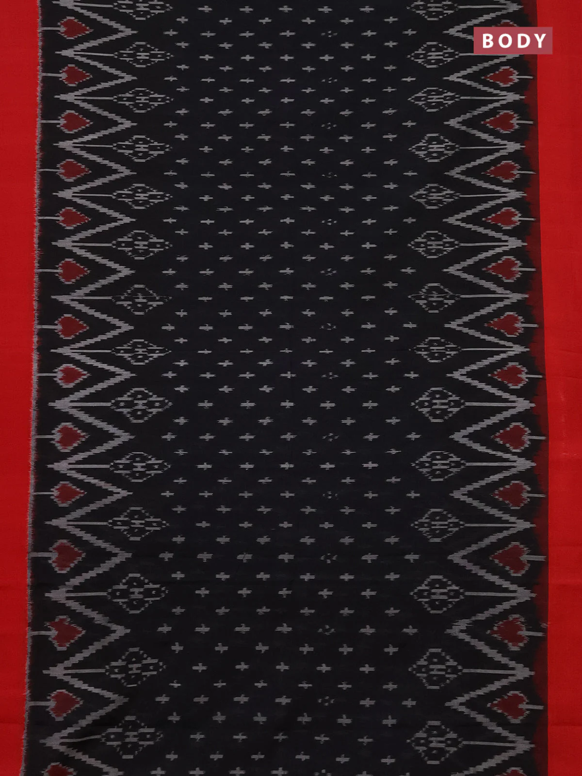 Ikat cotton saree black and red with allover ikat butta weaves and simple border - Image 2
