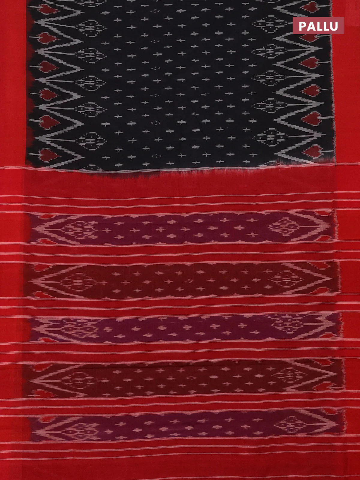 Ikat cotton saree black and red with allover ikat butta weaves and simple border - Image 3