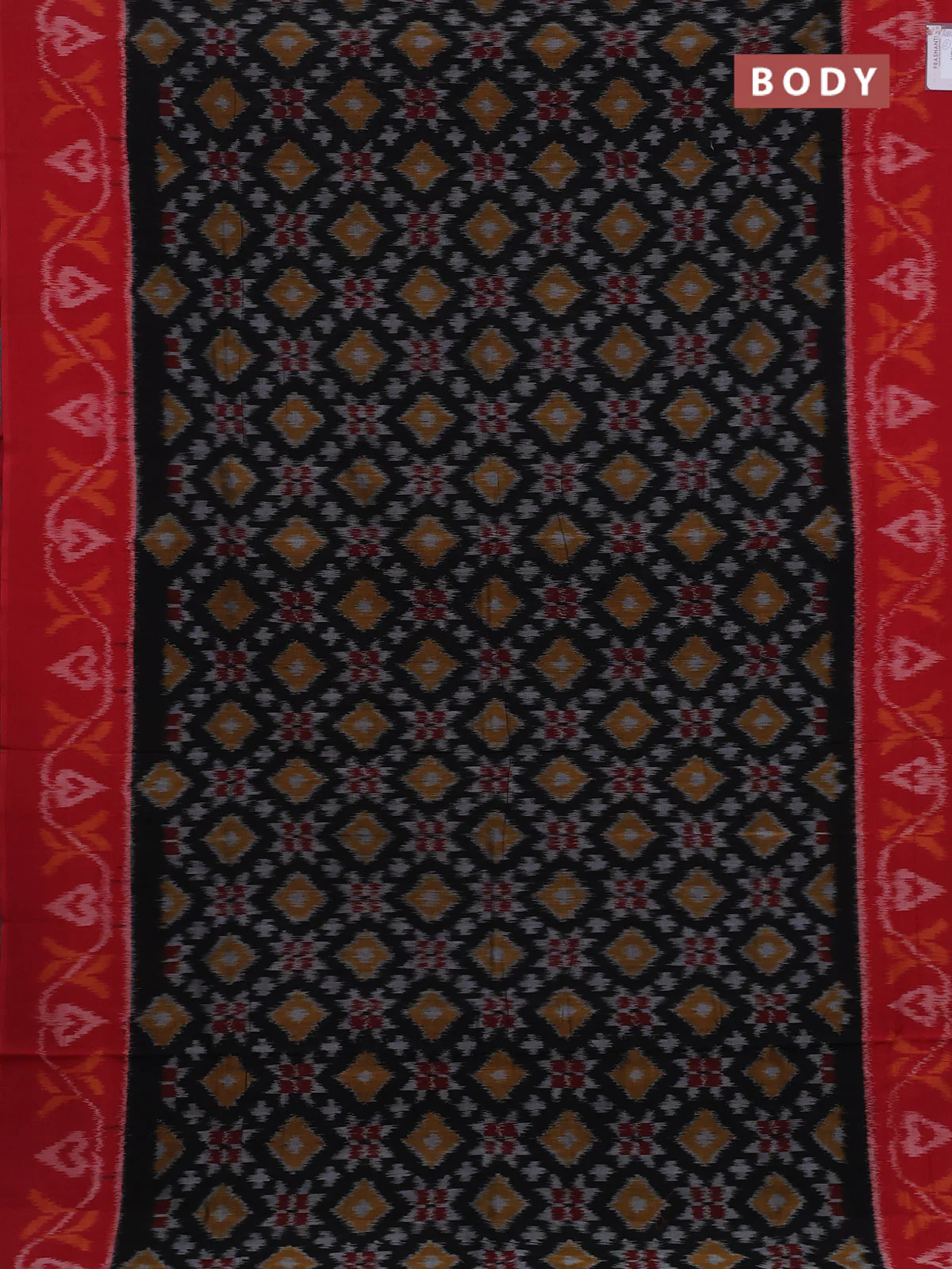 Ikat cotton saree black and red with allover ikat weaves and ikat border - Image 2