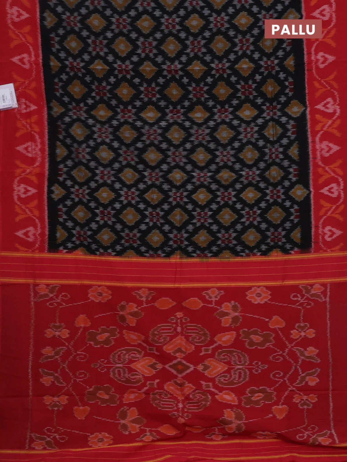 Ikat cotton saree black and red with allover ikat weaves and ikat border - Image 3
