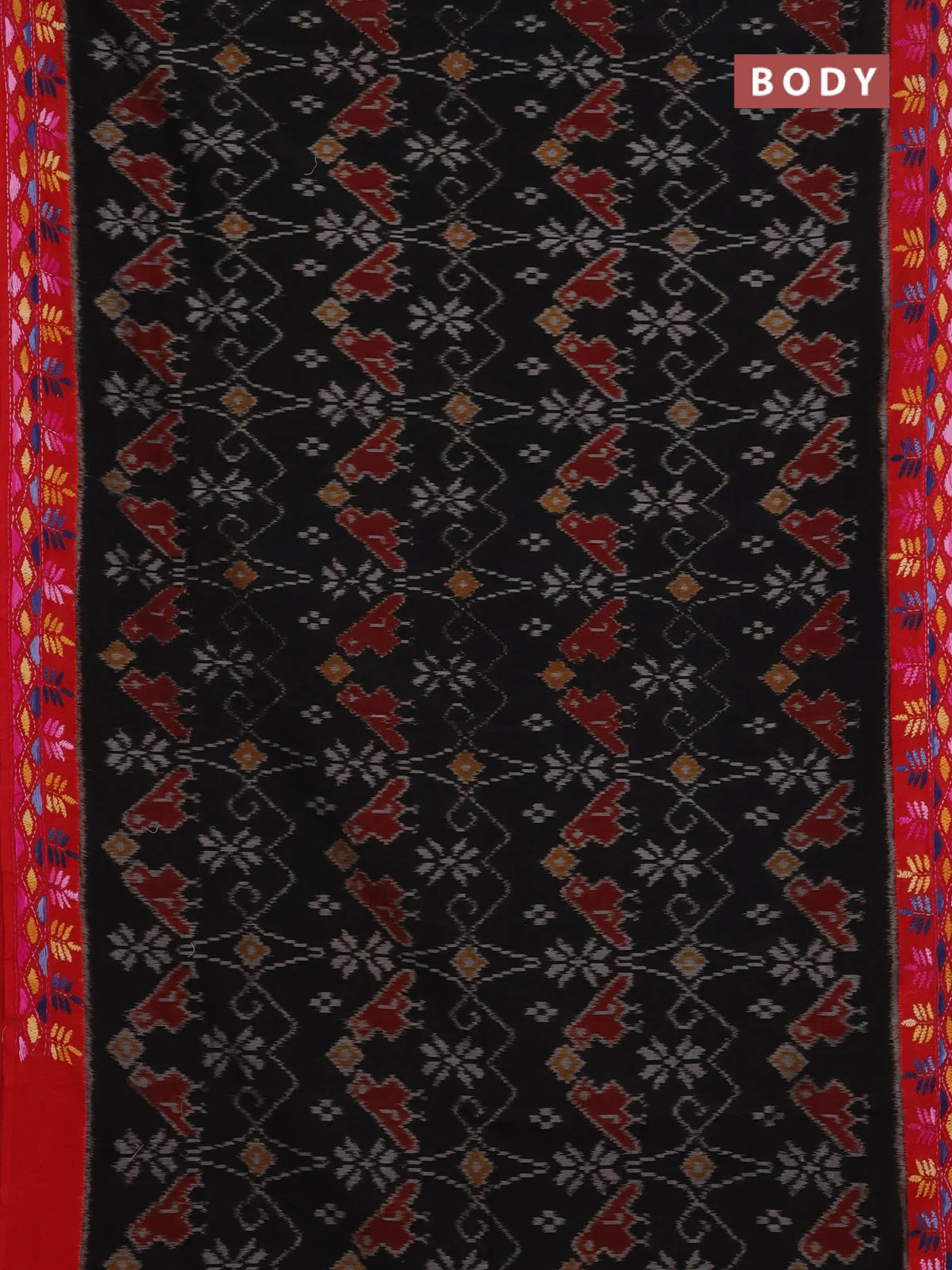 Ikat cotton saree black and red with allover ikat weaves and kantha stitch work pallu - Image 2
