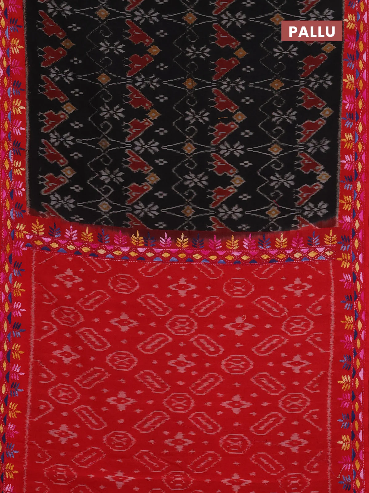 Ikat cotton saree black and red with allover ikat weaves and kantha stitch work pallu - Image 3