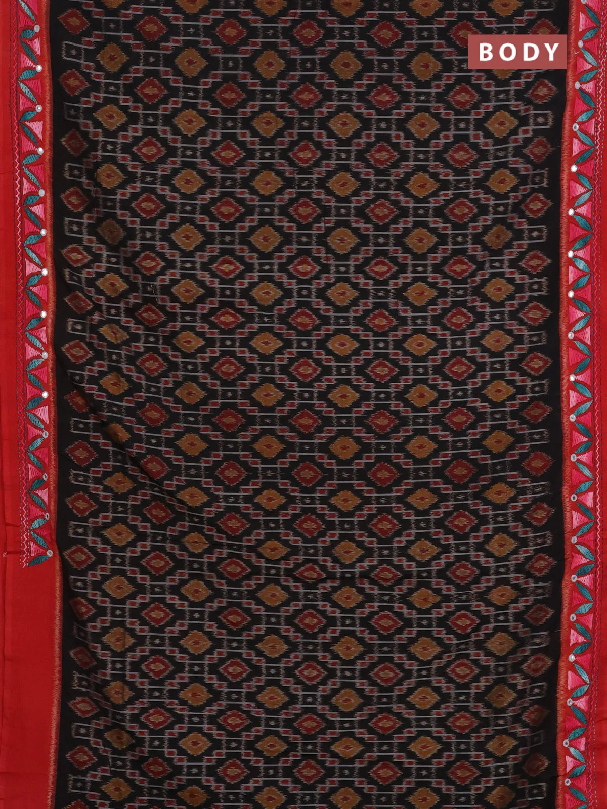 Ikat cotton saree black and red with allover ikat weaves and kantha stitch work pallu - Image 2