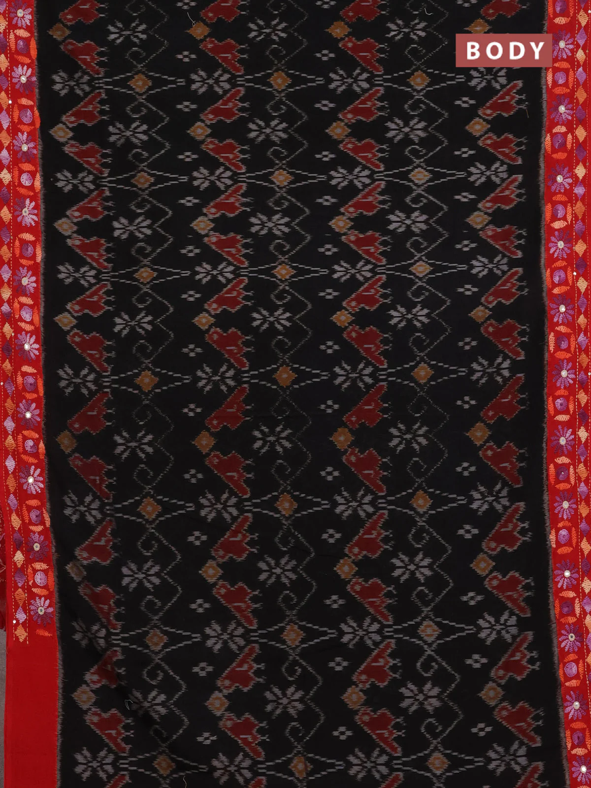 Ikat cotton saree black and red with allover ikat weaves and kantha stitch work pallu - Image 2