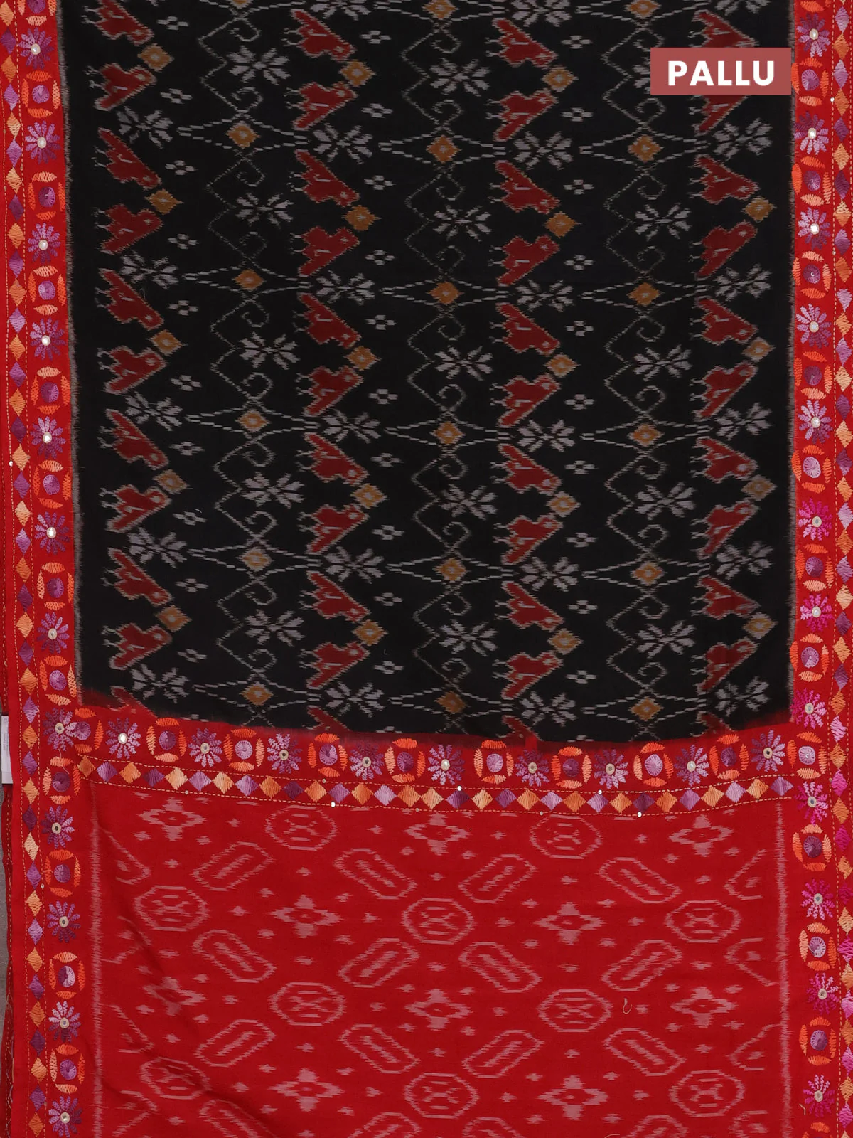 Ikat cotton saree black and red with allover ikat weaves and kantha stitch work pallu - Image 3