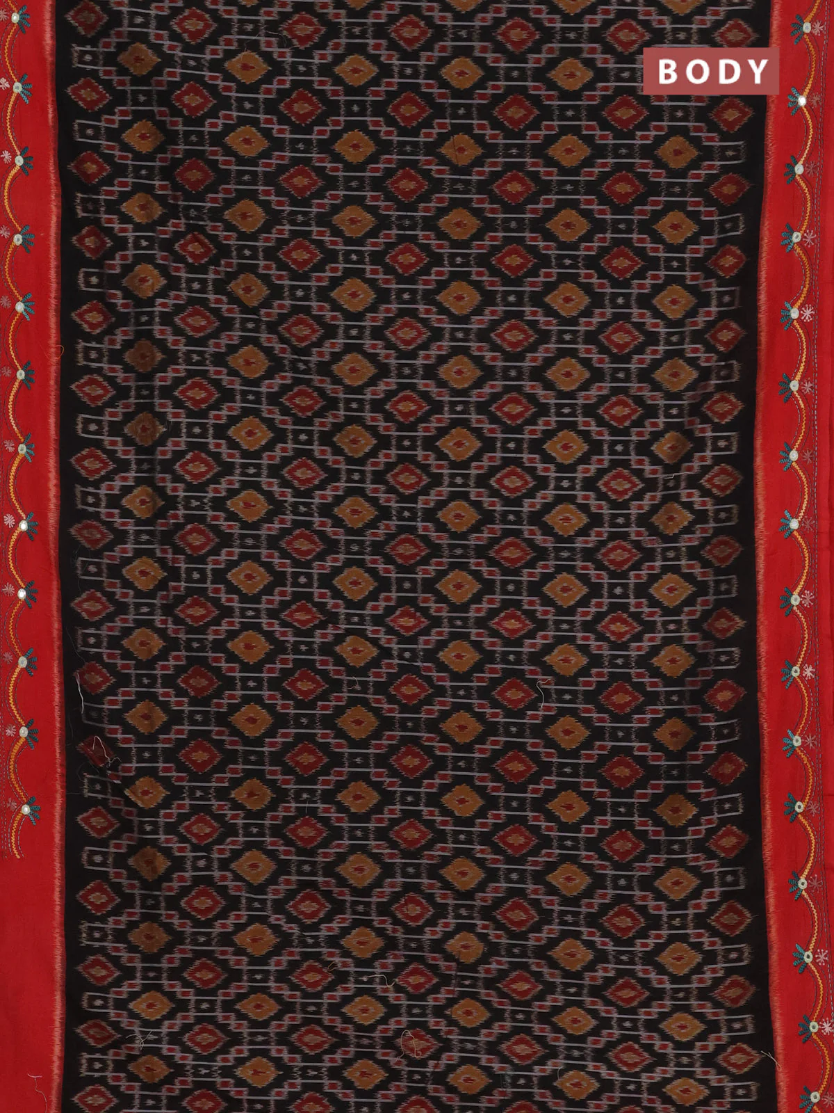 Ikat cotton saree black and red with allover ikat weaves and kantha stitch work pallu - Image 2