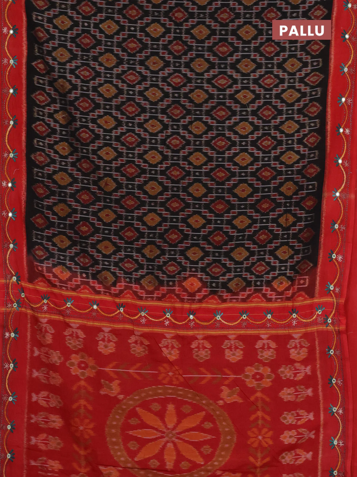 Ikat cotton saree black and red with allover ikat weaves and kantha stitch work pallu - Image 3