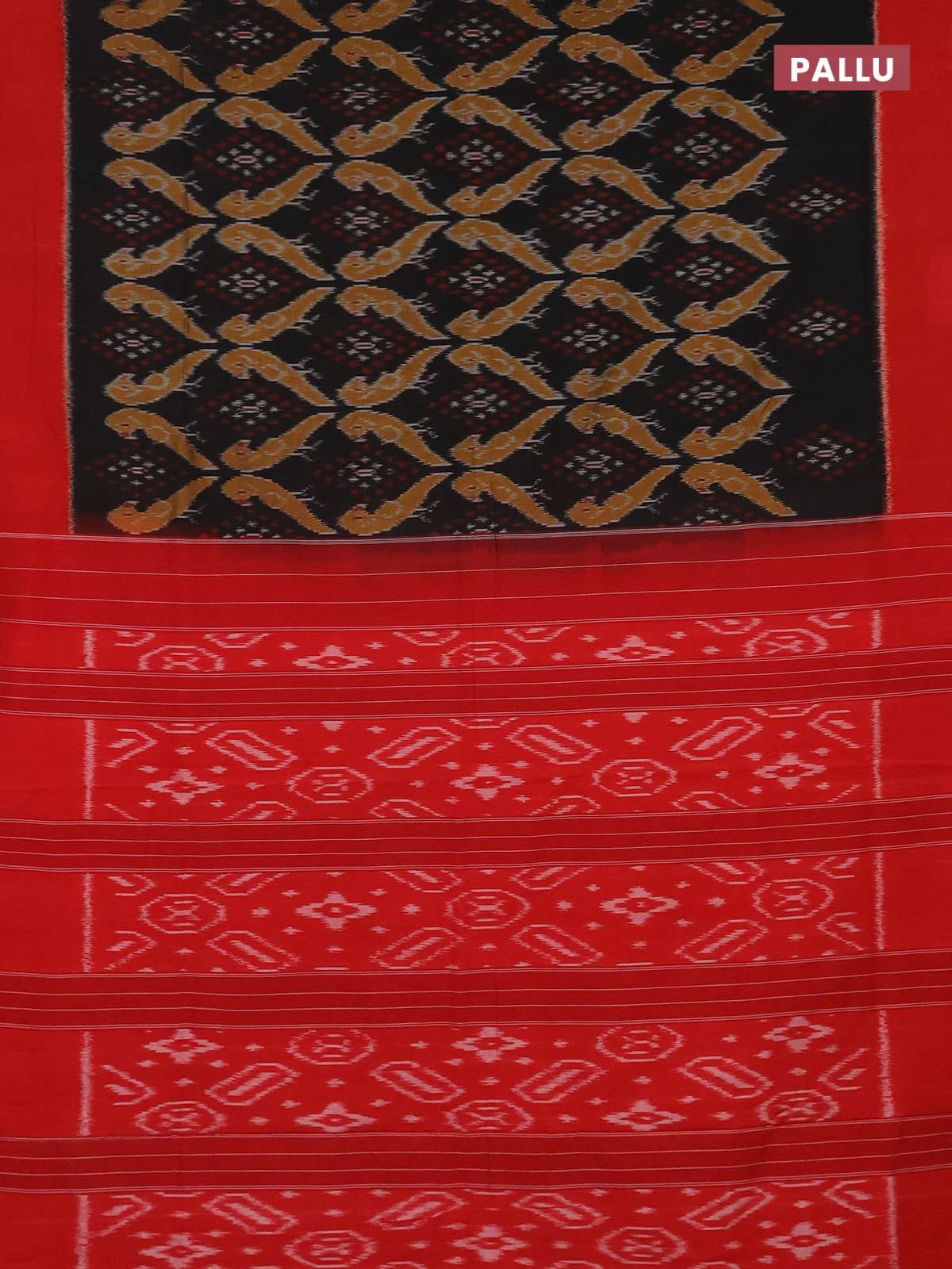 Ikat cotton saree black and red with allover ikat weaves and simple border - Image 3