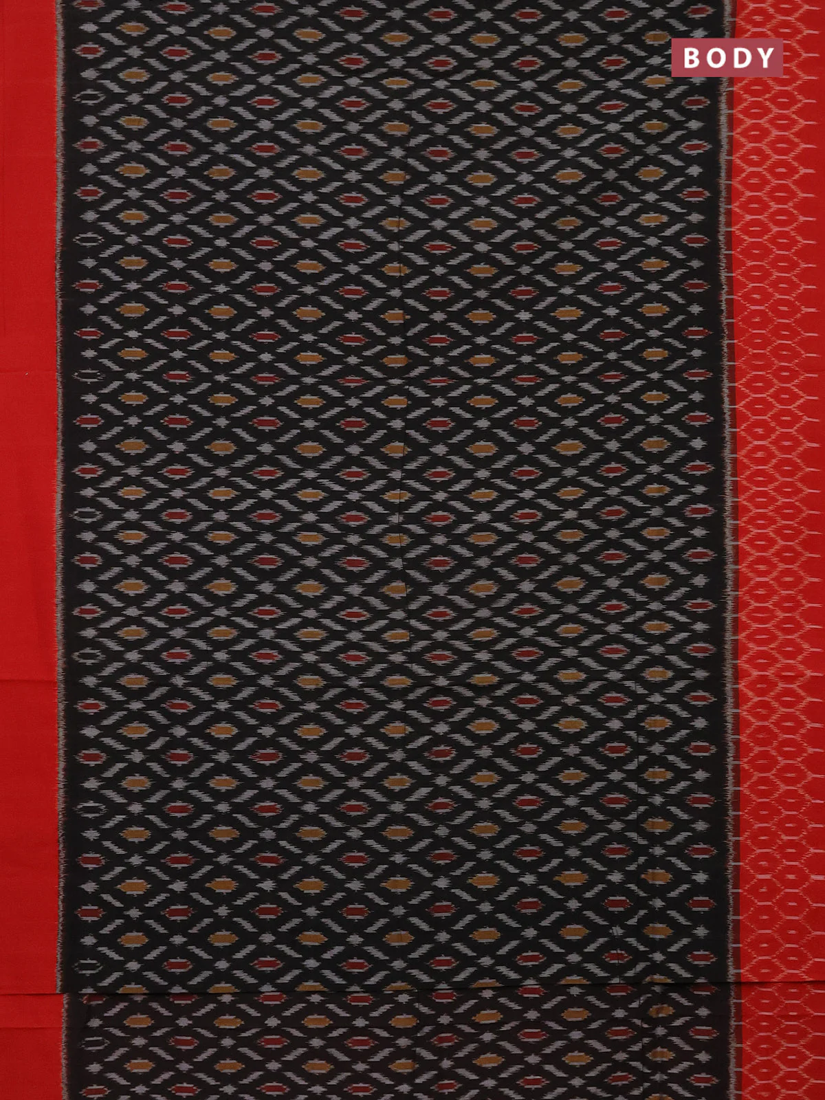 Ikat cotton saree black and red with allover ikat weaves and simple border - Image 2