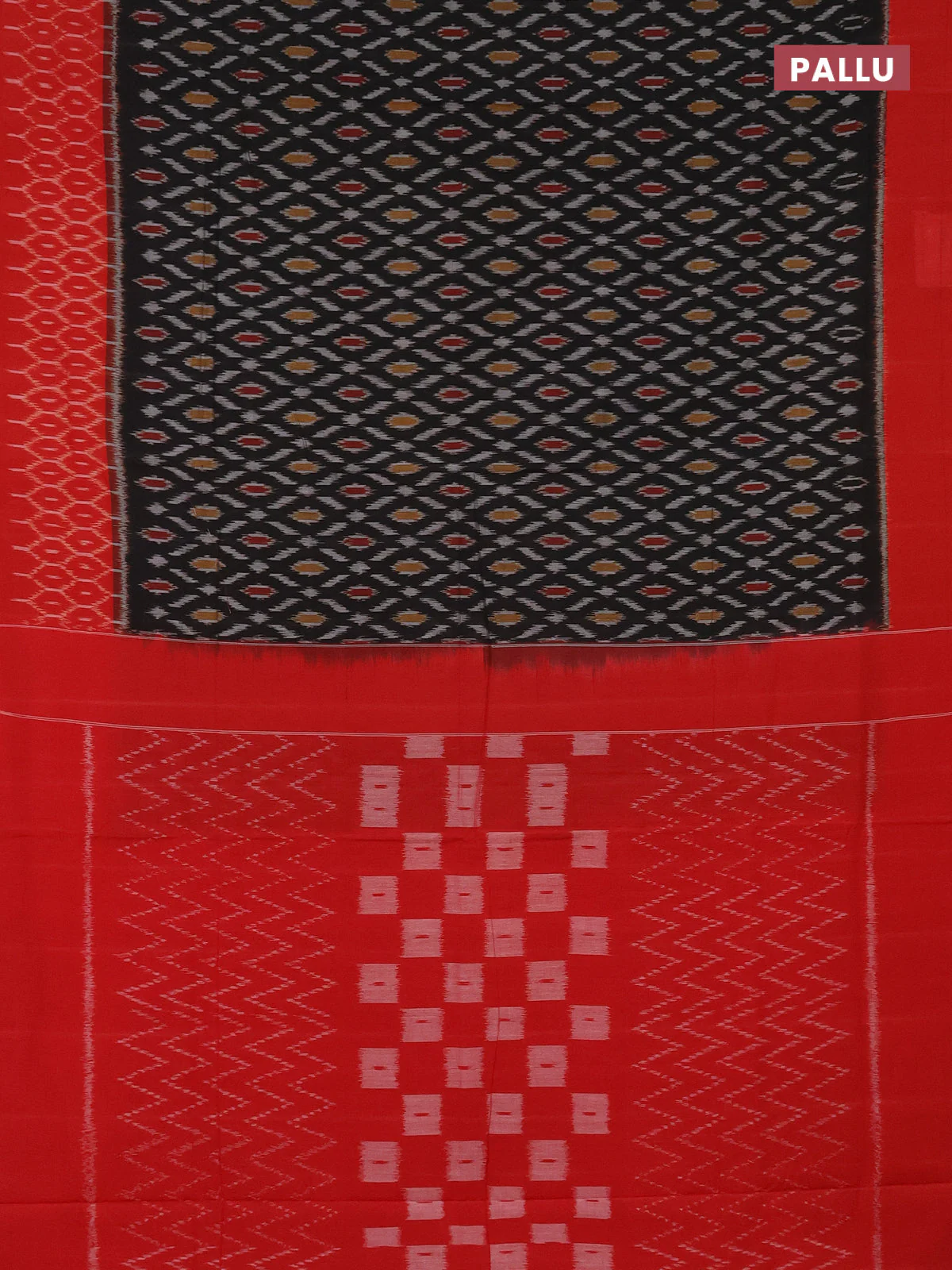 Ikat cotton saree black and red with allover ikat weaves and simple border - Image 3
