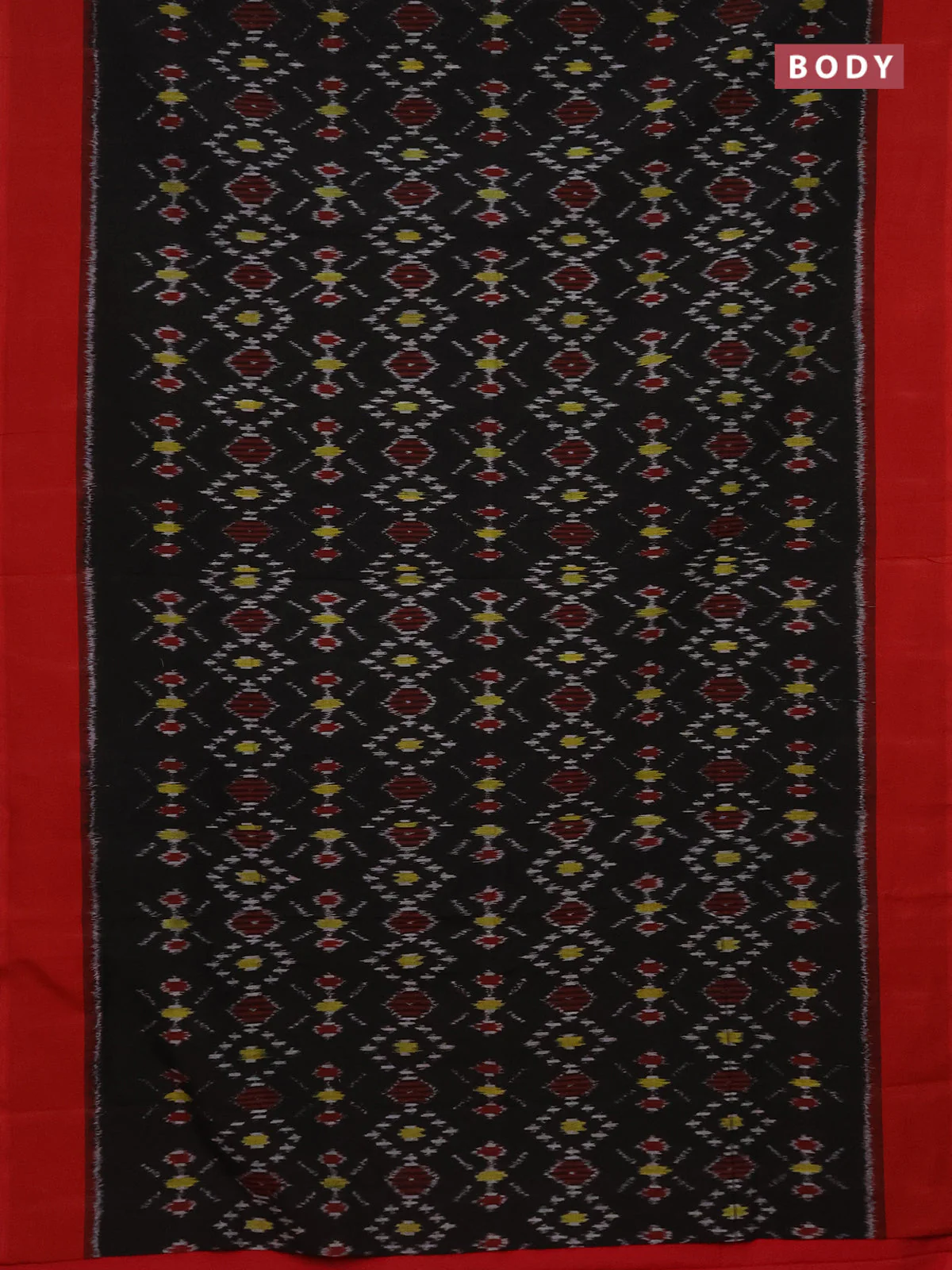 Ikat cotton saree black and red with allover ikat weaves and simple border - Image 2