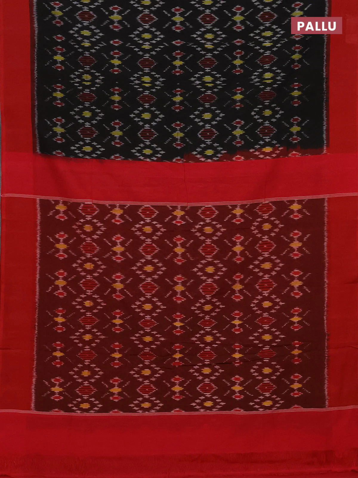 Ikat cotton saree black and red with allover ikat weaves and simple border - Image 3
