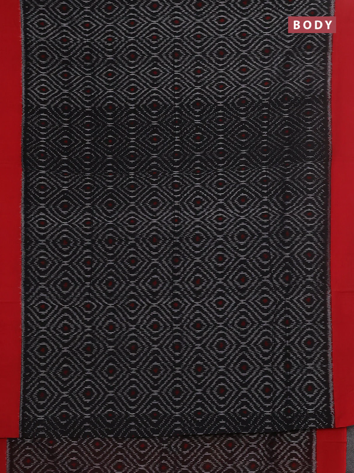 Ikat cotton saree black and red with allover ikat weaves and simple border - Image 2