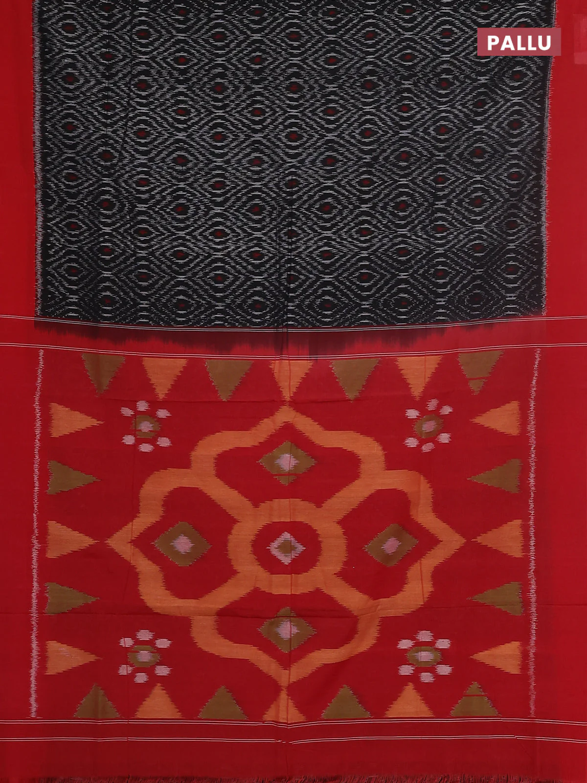 Ikat cotton saree black and red with allover ikat weaves and simple border - Image 3