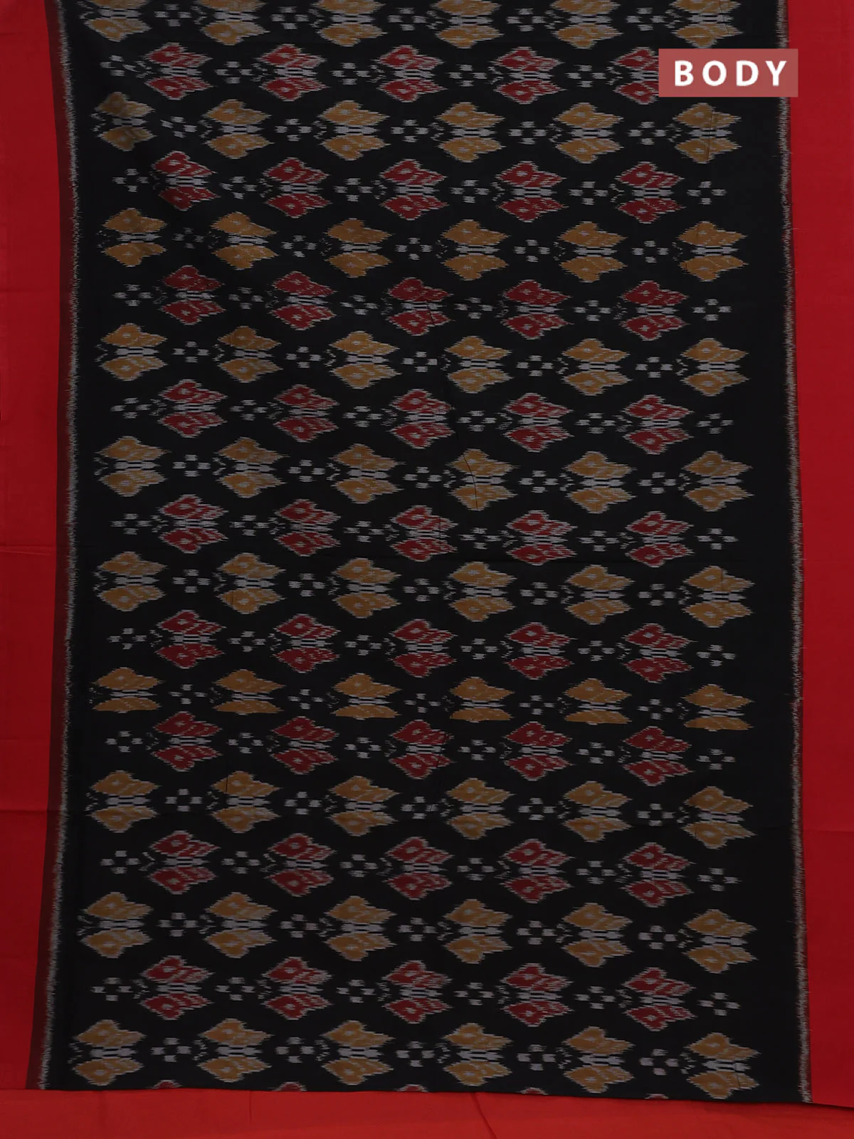 Ikat cotton saree black and red with allover ikat weaves and simple border - Image 2