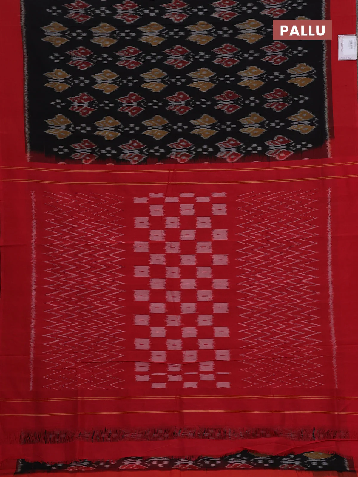 Ikat cotton saree black and red with allover ikat weaves and simple border - Image 3