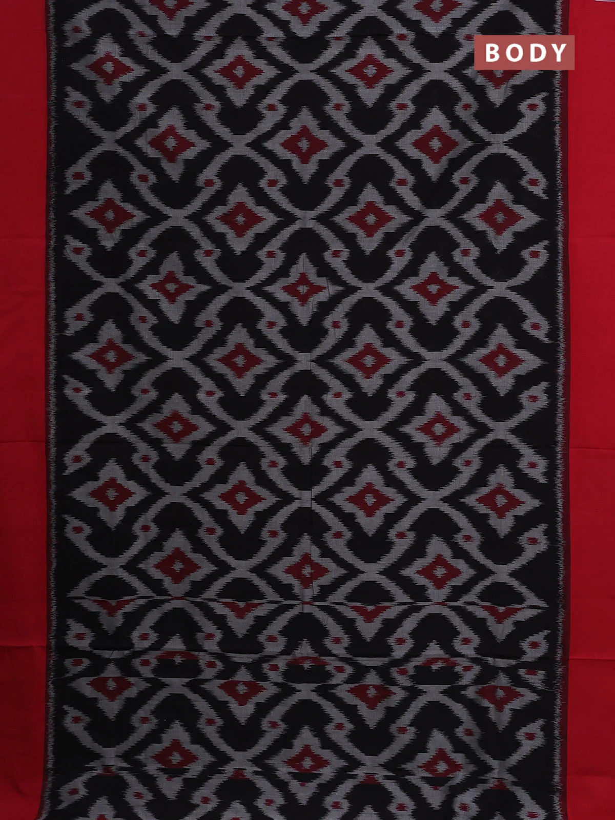 Ikat cotton saree black and red with allover ikat weaves and simple border - Image 2