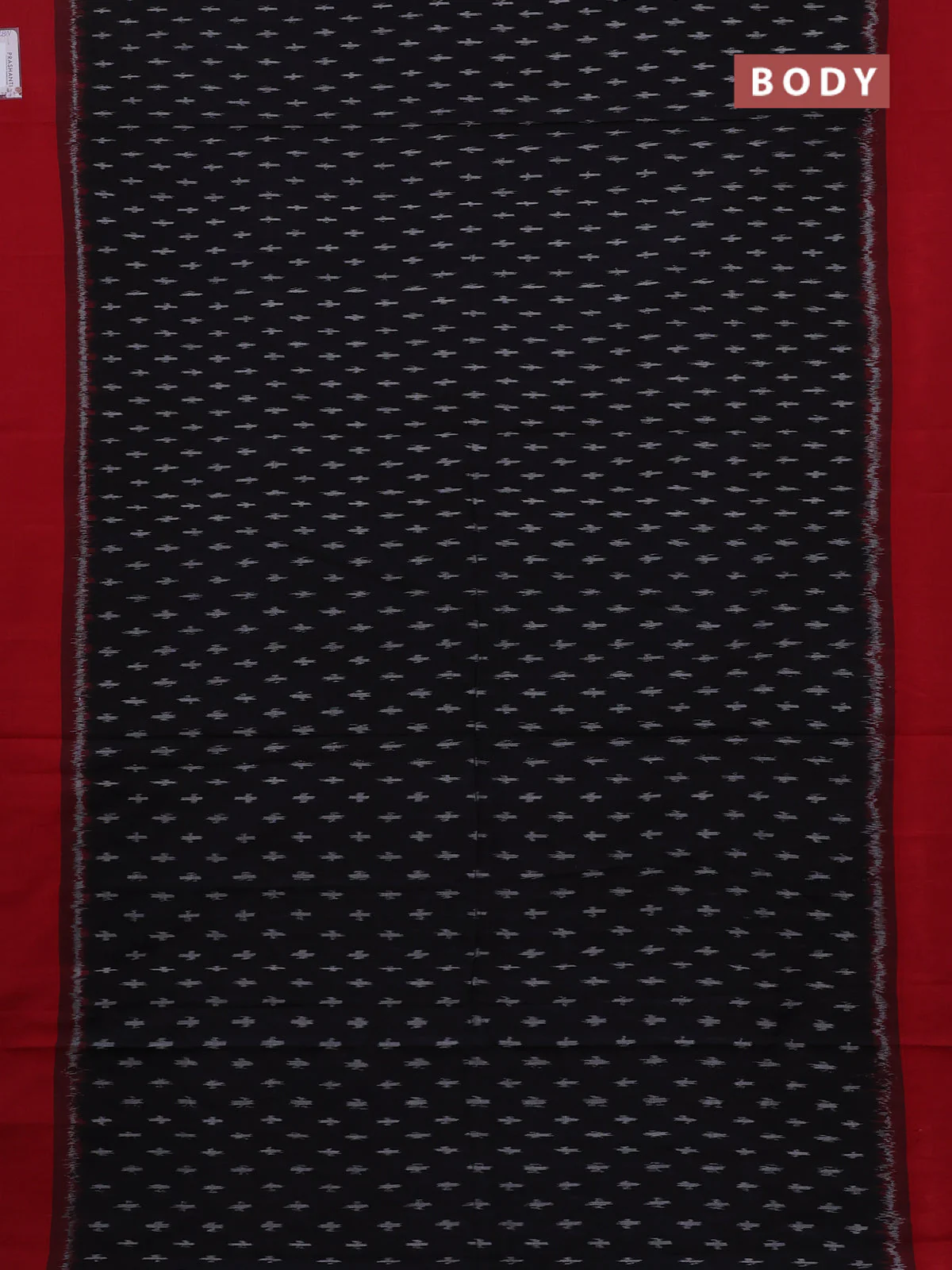 Ikat cotton saree black and red with allover ikat weaves and simple border - Image 2