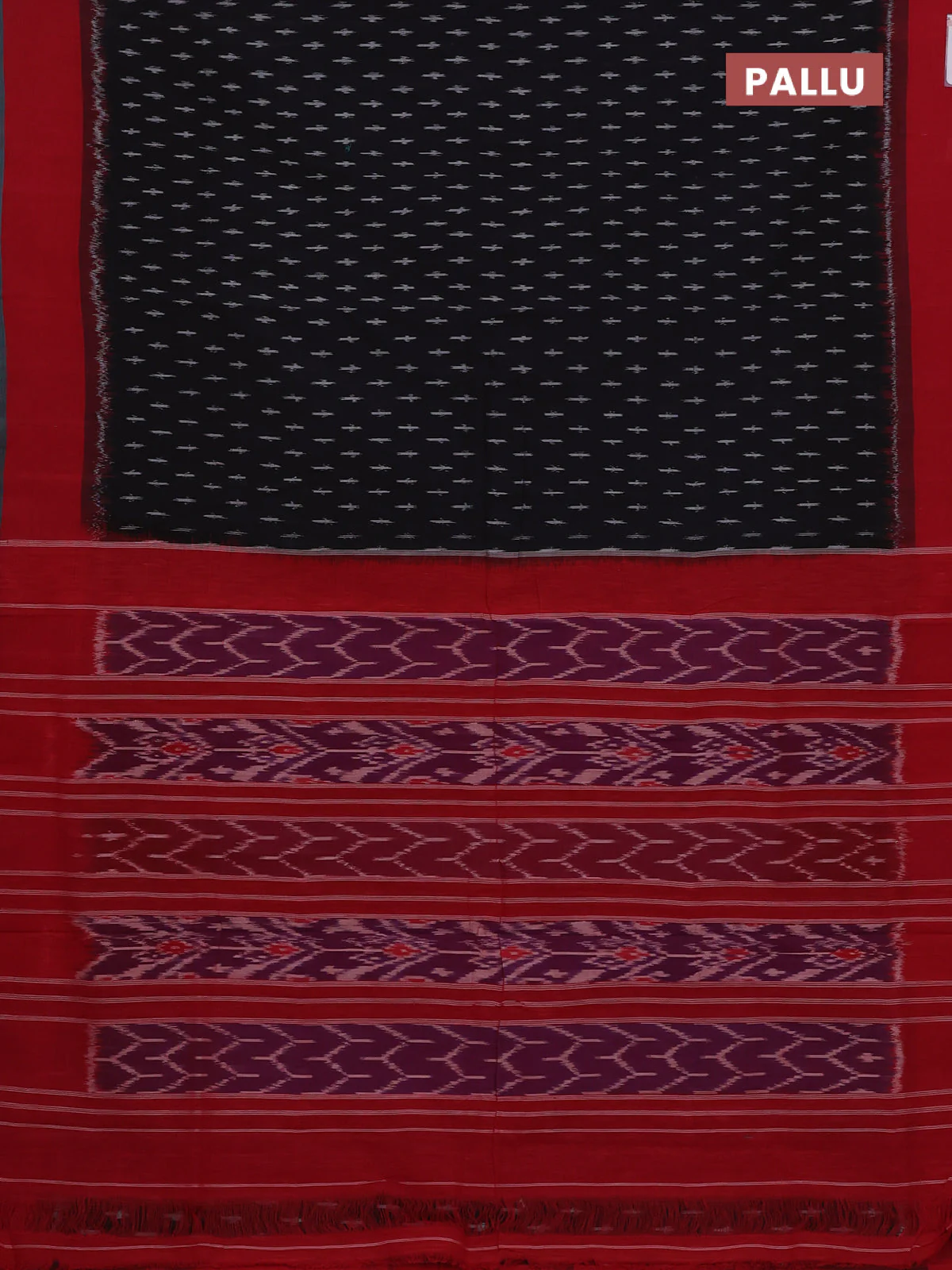 Ikat cotton saree black and red with allover ikat weaves and simple border - Image 3