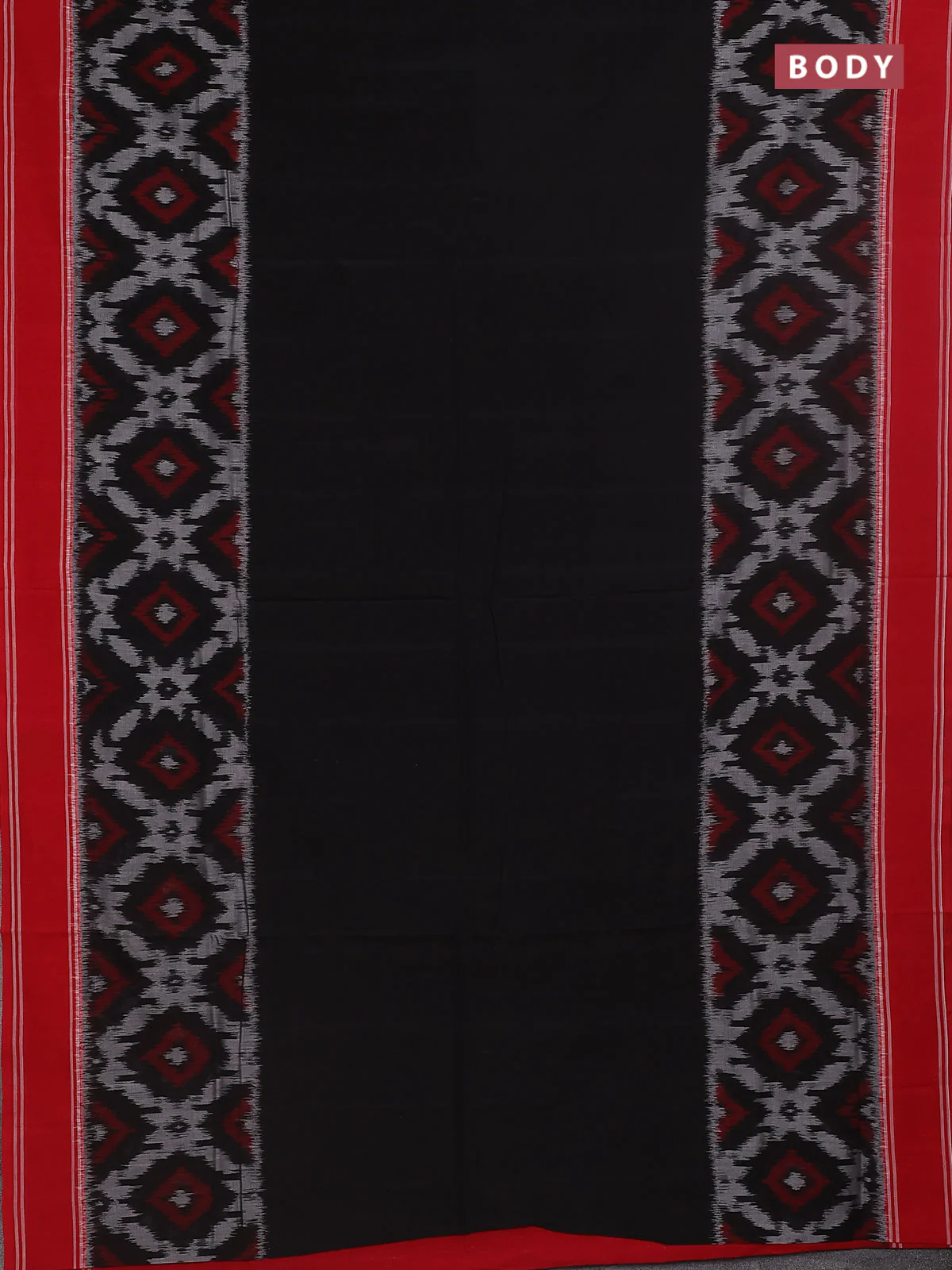 Ikat cotton saree black and red with plain body and rettapet zari woven border - Image 2