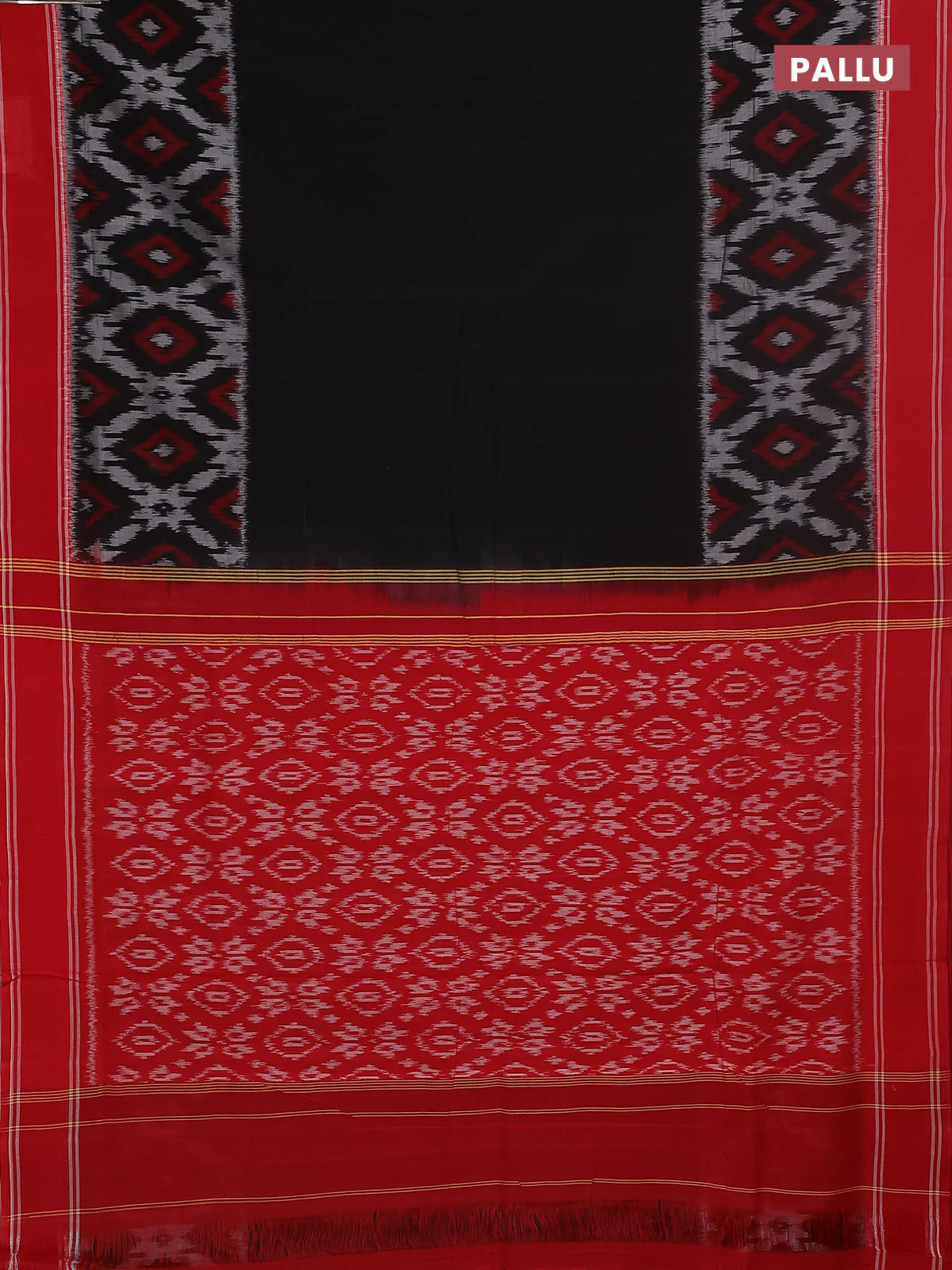 Ikat cotton saree black and red with plain body and rettapet zari woven border - Image 3