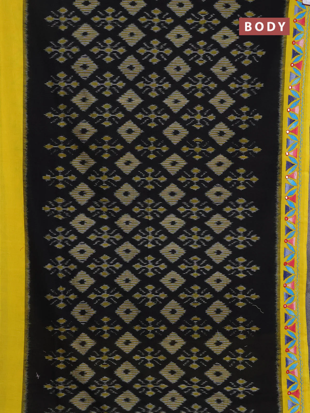 Ikat cotton saree black and yellow with allover ikat weaves and kantha stitch work pallu - Image 2