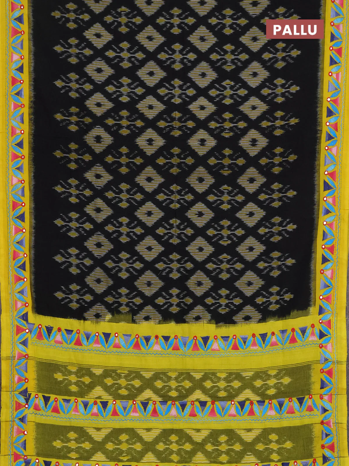 Ikat cotton saree black and yellow with allover ikat weaves and kantha stitch work pallu - Image 3