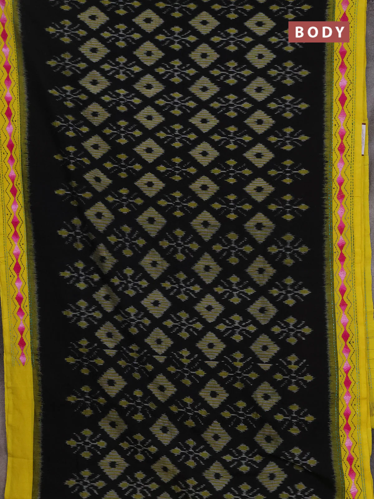 Ikat cotton saree black and yellow with allover ikat weaves and kantha stitch work pallu - Image 2