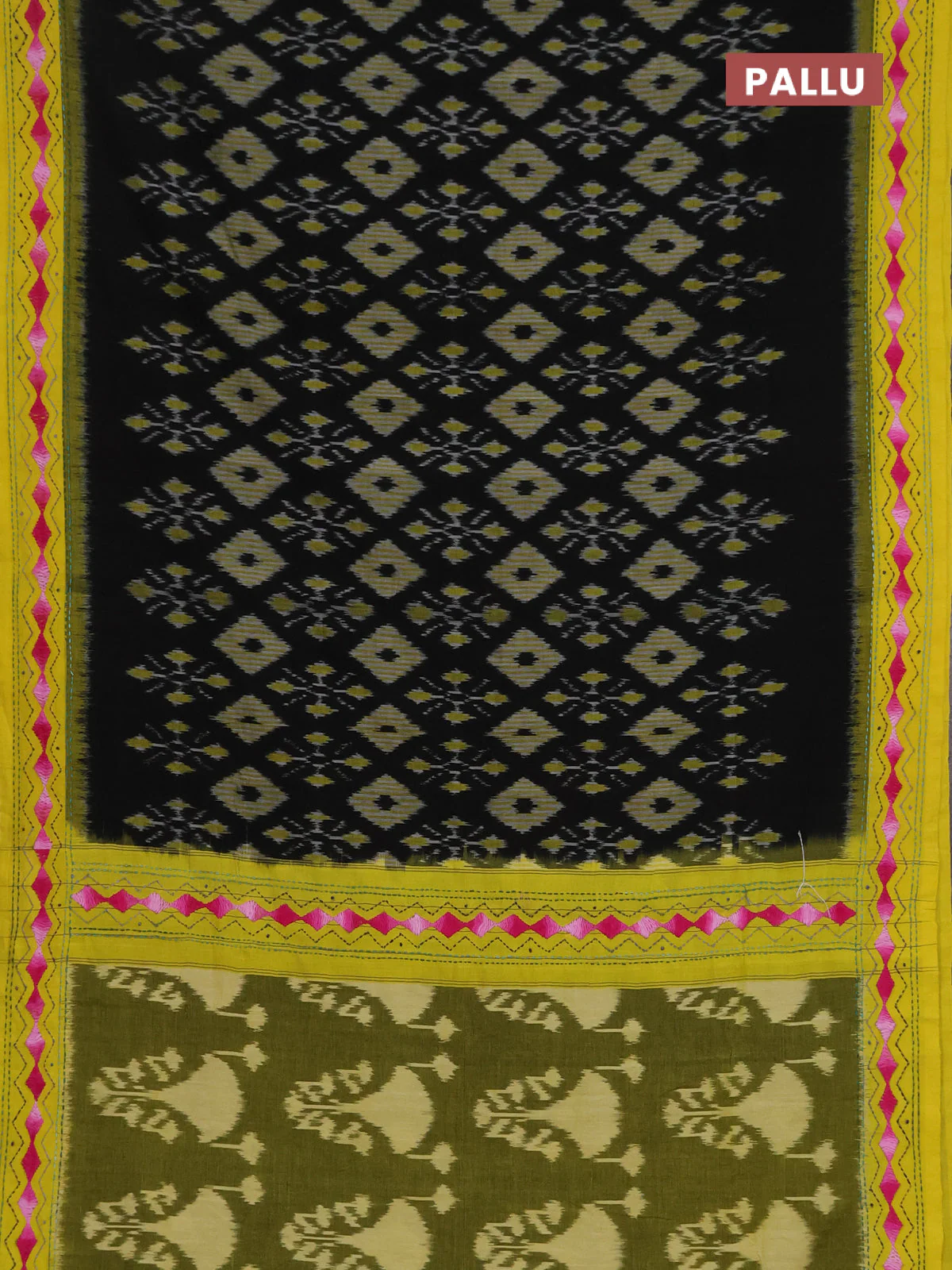 Ikat cotton saree black and yellow with allover ikat weaves and kantha stitch work pallu - Image 3