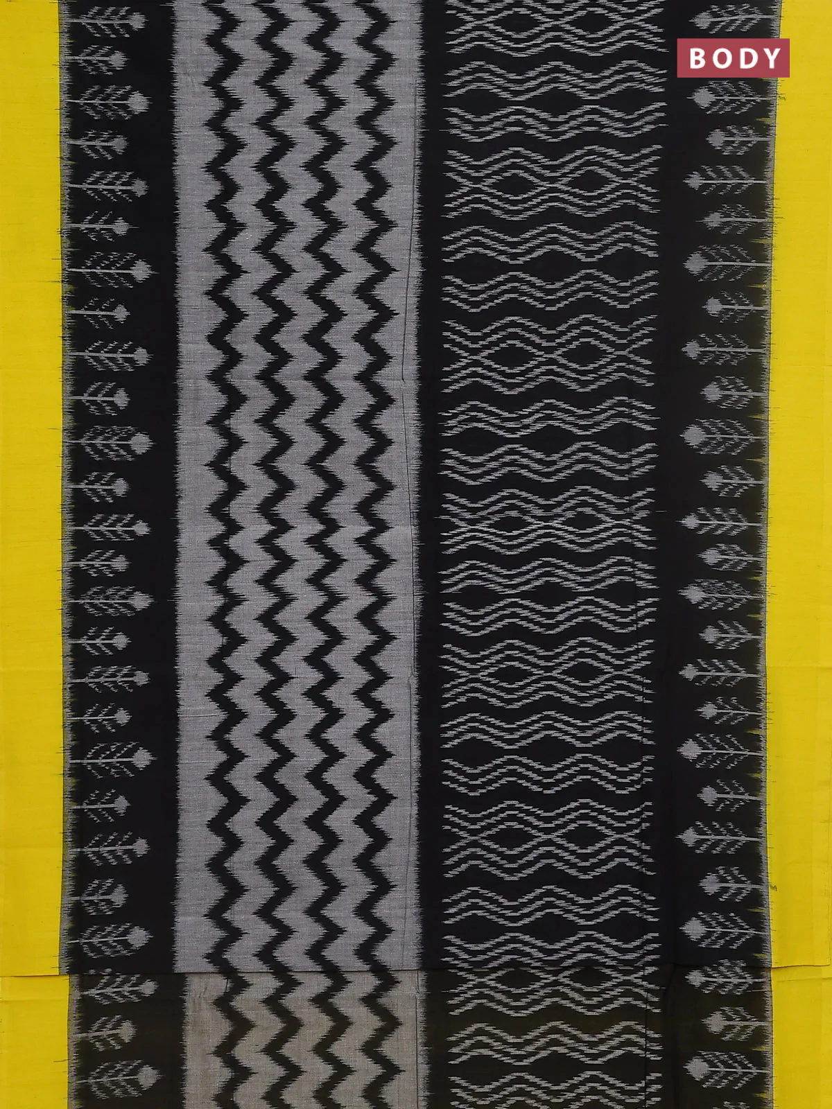 Ikat cotton saree black and yellow with allover ikat weaves and simple border - Image 2