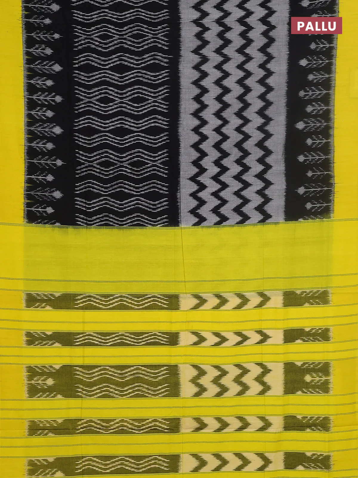 Ikat cotton saree black and yellow with allover ikat weaves and simple border - Image 3