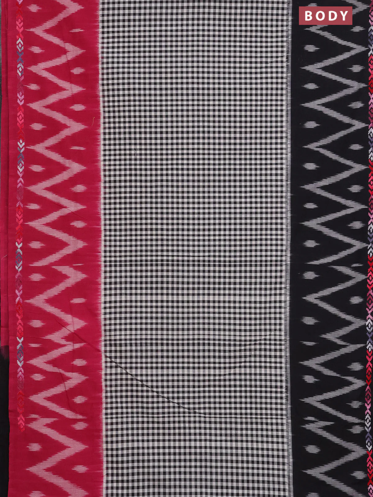 Ikat cotton saree black with allover checks pattern & kantha stitch work and ganga jamuna border - Image 2