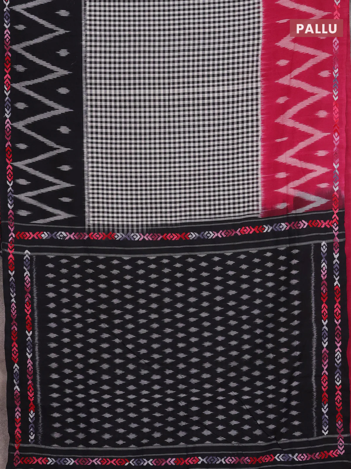 Ikat cotton saree black with allover checks pattern & kantha stitch work and ganga jamuna border - Image 3