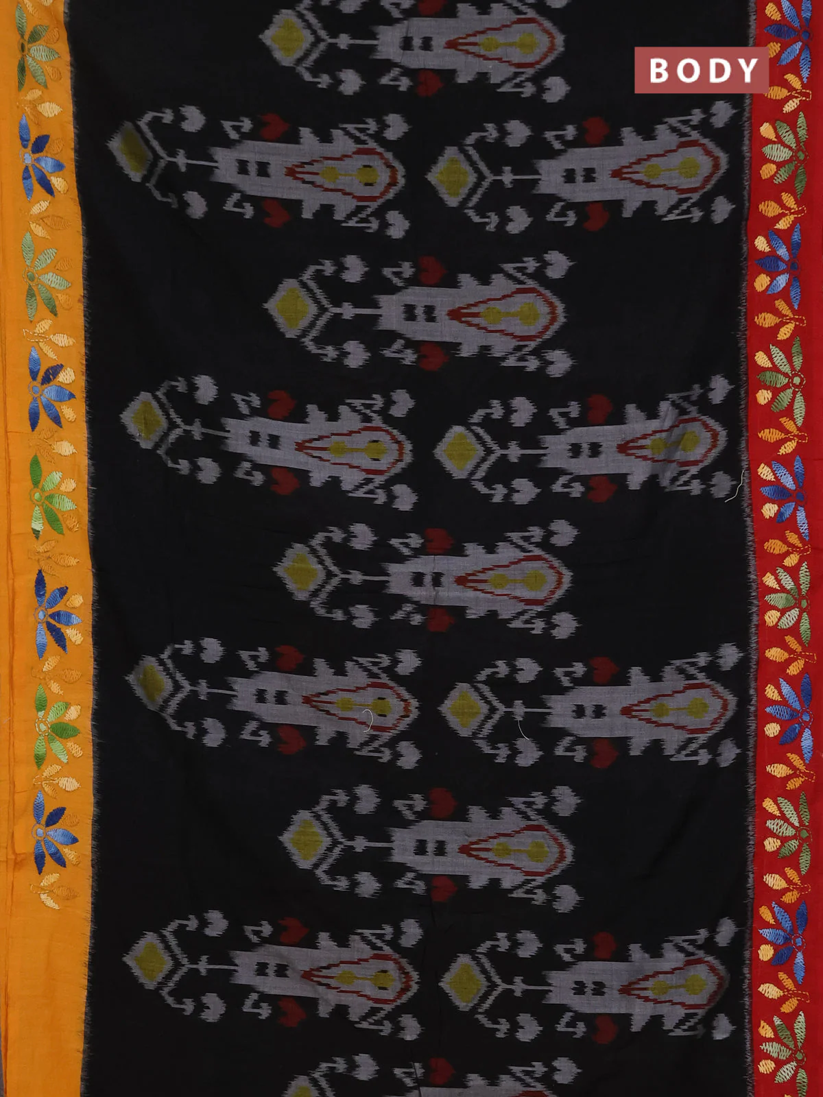 Ikat cotton saree black with allover ikat weaves and ganga jamuna border - Image 2