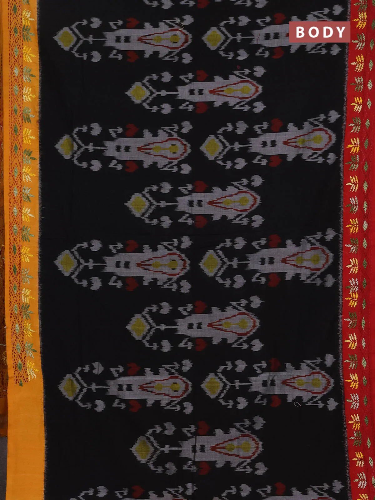 Ikat cotton saree black with allover ikat weaves & kantha stich work and ganga jamuna border - Image 2