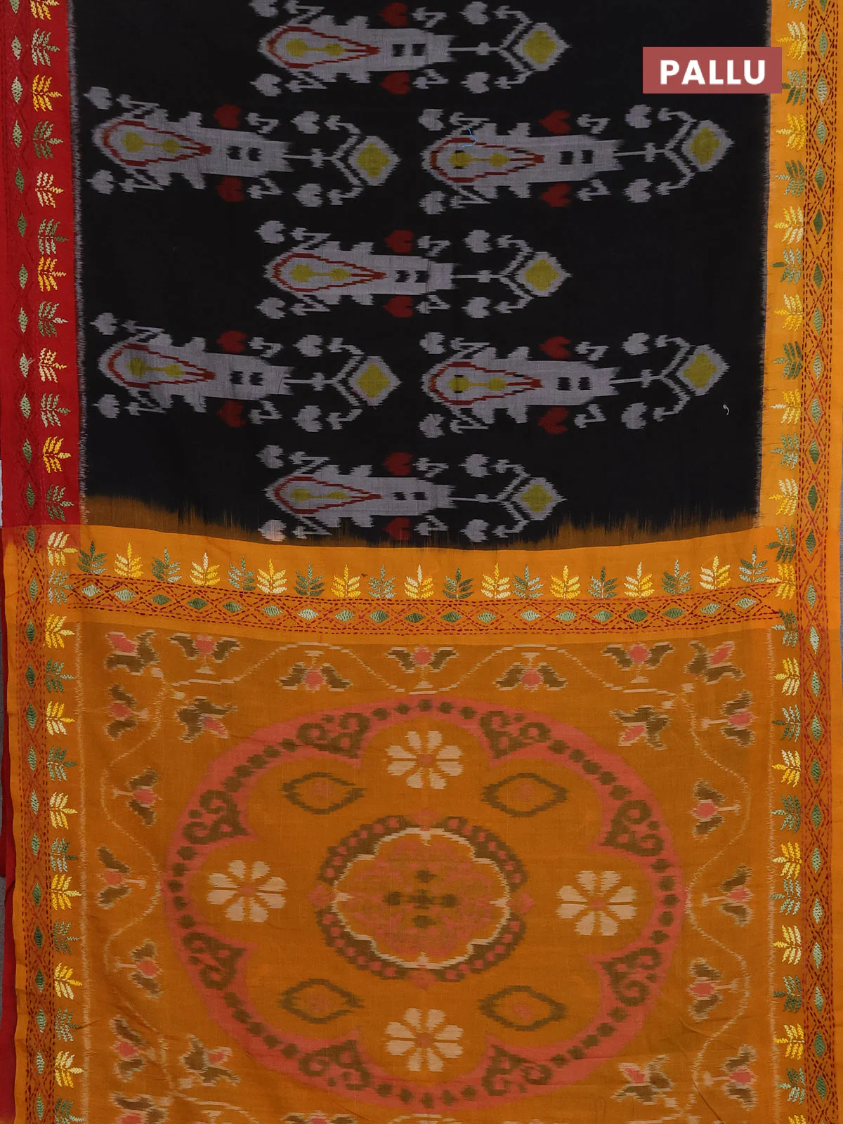 Ikat cotton saree black with allover ikat weaves & kantha stich work and ganga jamuna border - Image 3